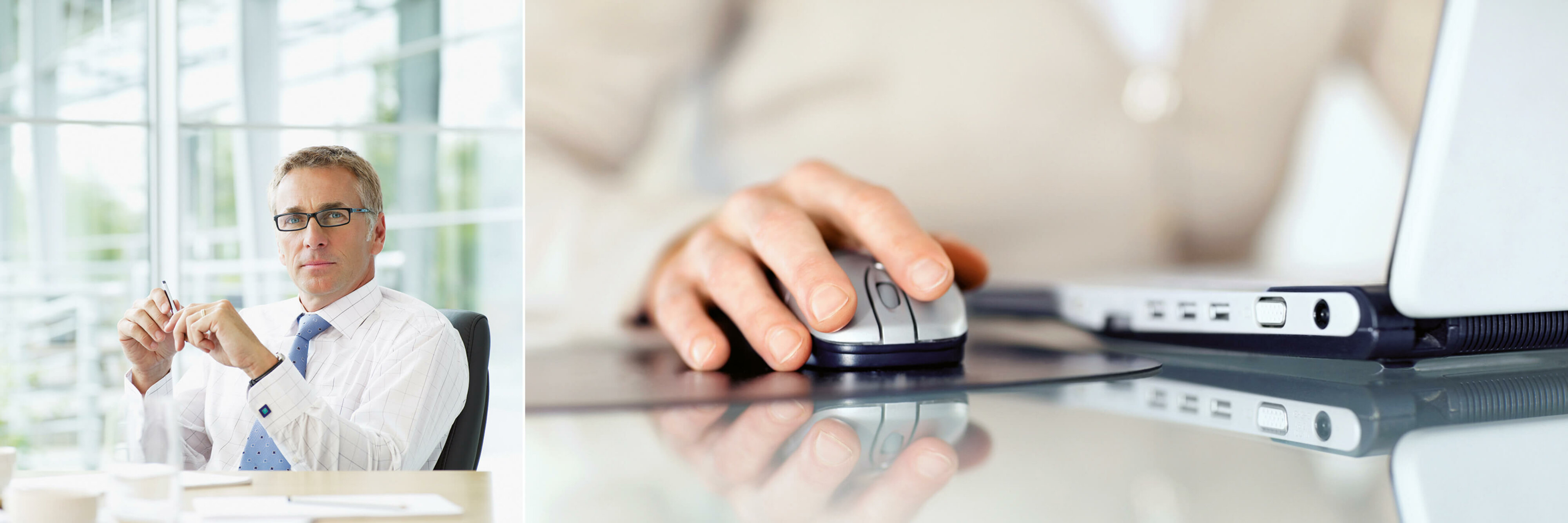 Bildkomposition, links: entspannter Geschäftsmann sitzt am Schreibtisch, rechts: Nahaufnahme von der ARbeit am Laptop